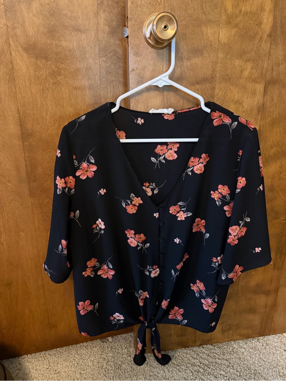 Lush Black Blouse with Coral Floral Tie-Front